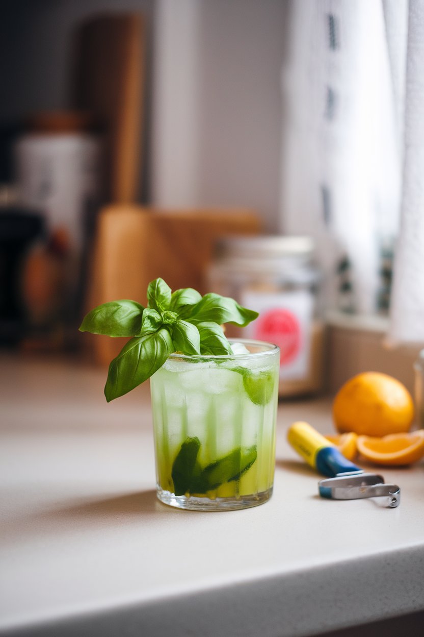 Indoor countertop with a rocks glass of vivid green Gin Basil Smash, fresh basil bouquet as garnish. No text or logos.