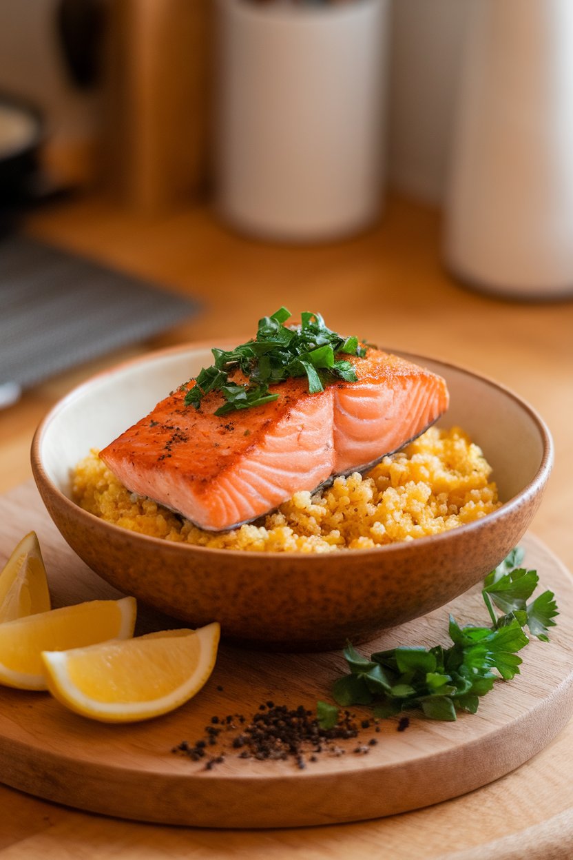 An indoor countertop bowl containing golden saffron quinoa topped with pan-seared salmon and chopped fresh parsley. No visible logos or text.