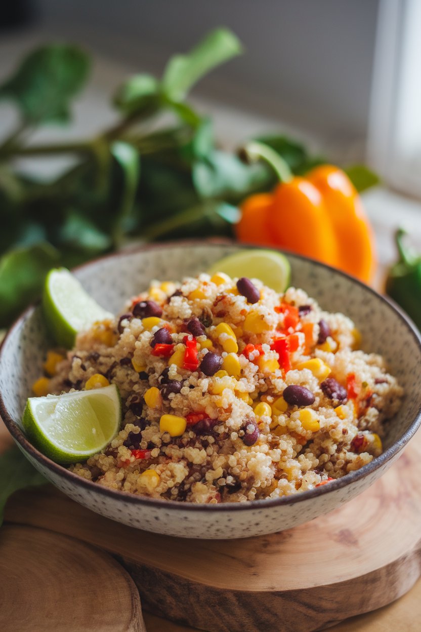 Indoor photo of a wide bowl holding fluffy quinoa tossed with black beans, corn, diced peppers, and lime wedges, no text or logos.