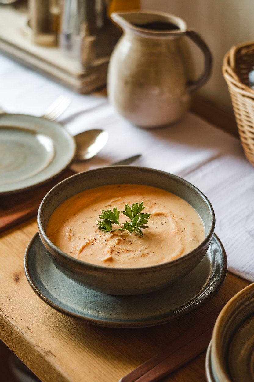 Indoor Scottish cottage table with bowl of creamy smoked haddock soup, parsley garnish. No text or logos. Photo.