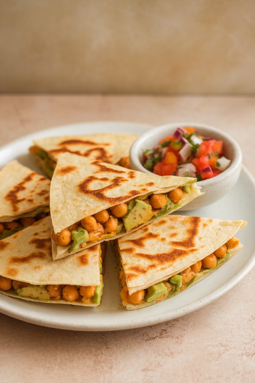 Indoor lunch plate, spicy chickpea and avocado quesadilla wedges, photo, no text or logos.