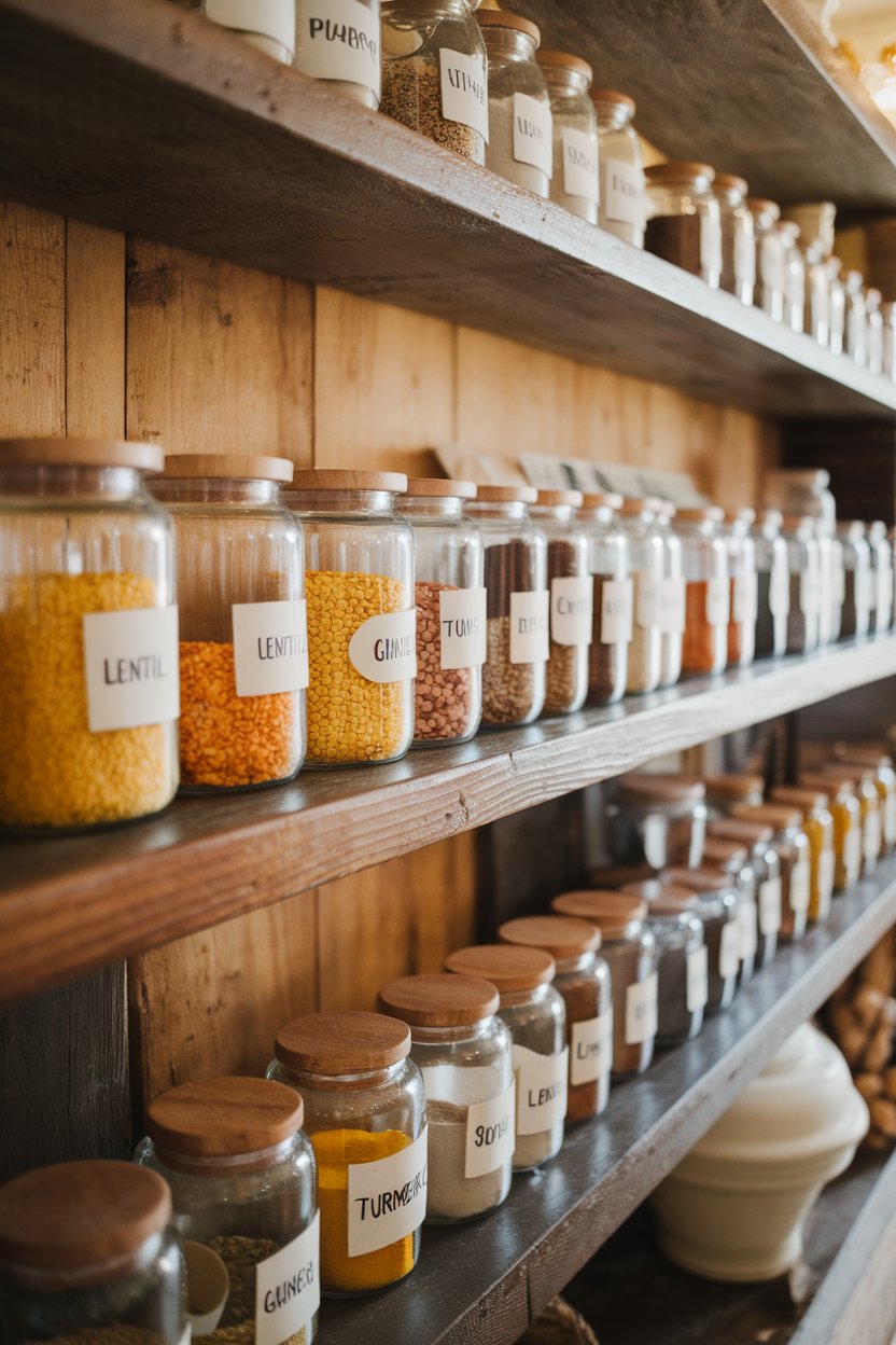 Photo of an indoor apothecary-style shelf lined with labeled glass jars of lentils, turmeric, and ginger; warm lighting; no text or logos.