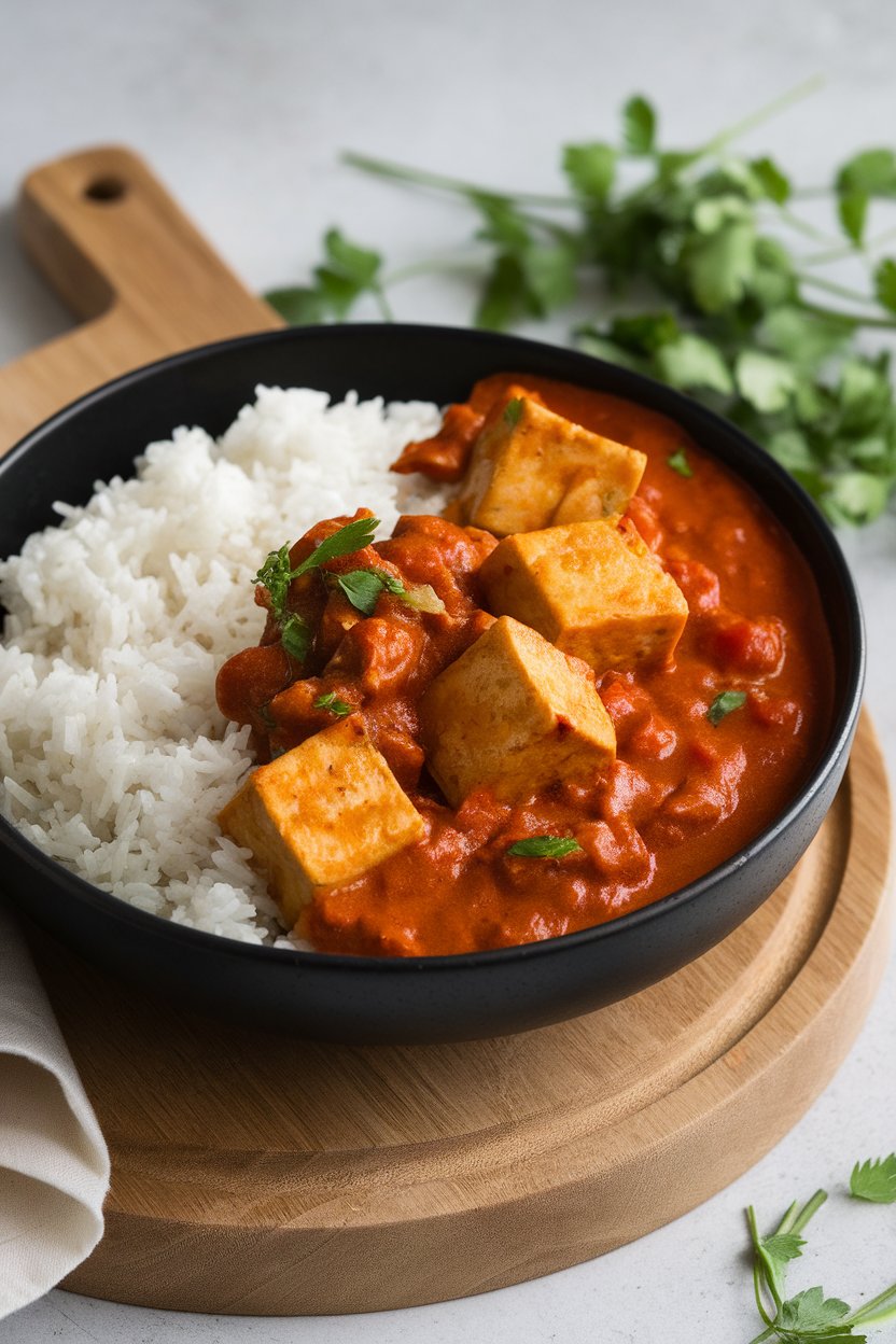 An indoor curry bowl with chunks of tofu in rich tomato-coconut masala sauce, served with basmati rice. No text or logos; photo, not illustration.