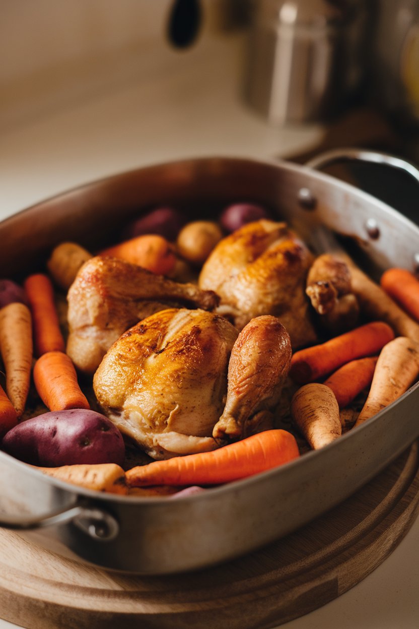 Indoor roasting pan containing golden roast chicken pieces nestled among carrots, parsnips, and sweet potatoes. No text or logos; photo.