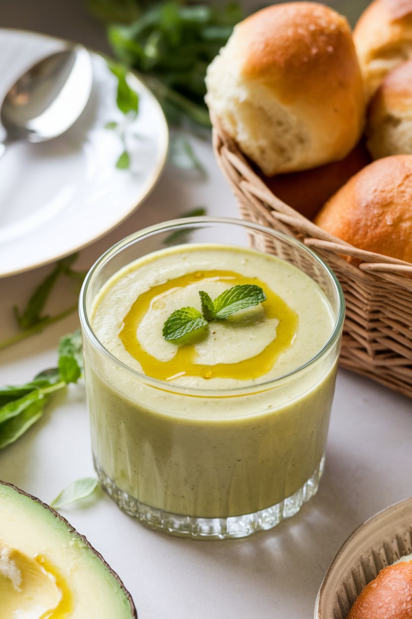 Indoor brunch setting with a glass bowl of pale green avocado cucumber soup, drizzle of olive oil and mint leaf. No text or logos. Photo.