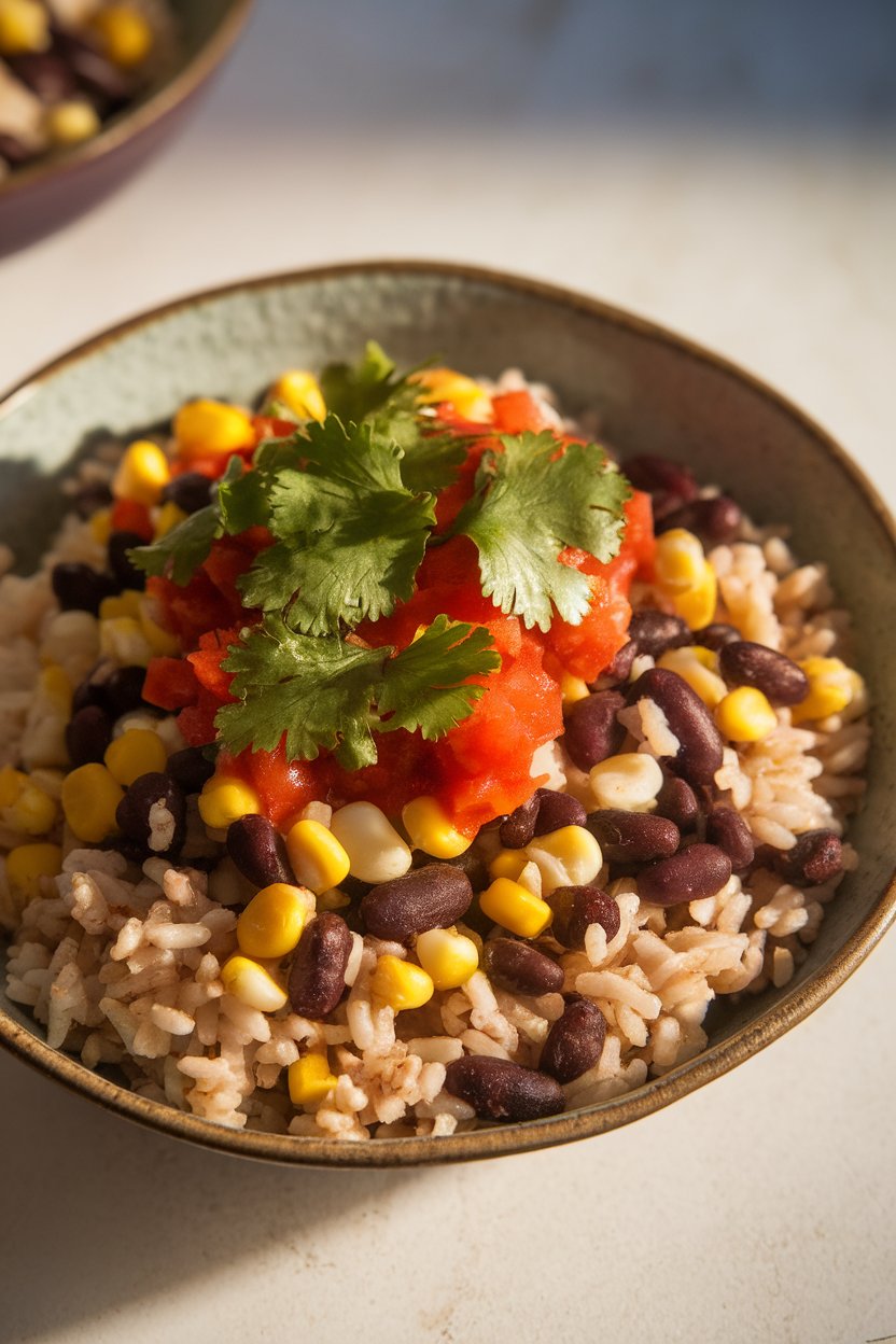 Indoor photo of a shallow bowl featuring brown rice, seasoned black beans, corn, and salsa, garnished with cilantro; soft evening light, no text or logos