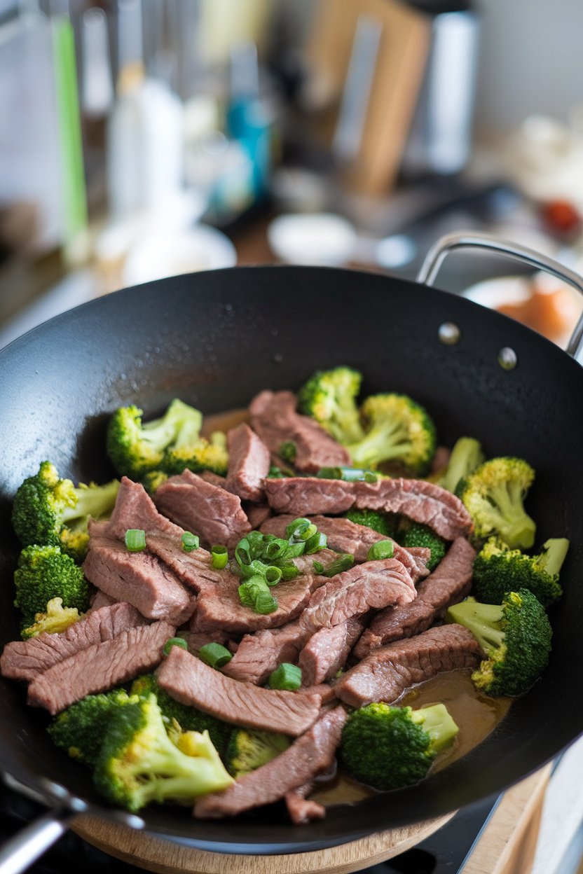 Indoor photo of a wok of cooked lean beef strips with bright broccoli florets in a light sauce. No text or logos.