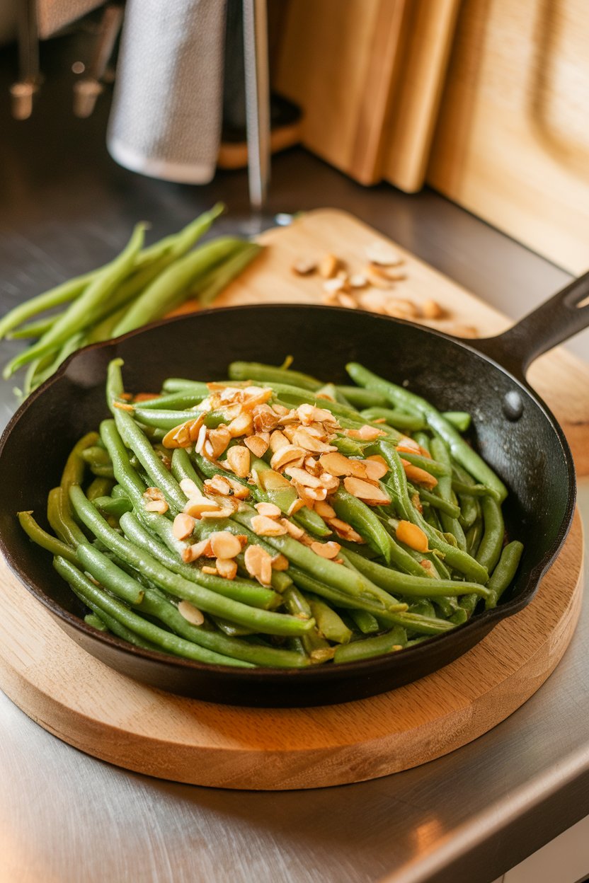 An indoor kitchen counter featuring a skillet of bright green beans tossed with golden almond slivers and bits of sautéed garlic. No text or logos visible.