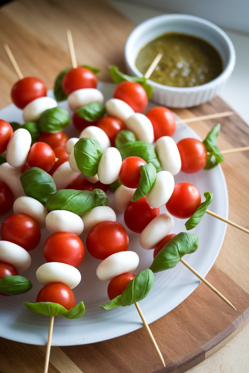 Indoor platter with mini skewers holding cherry tomatoes, mozzarella pearls, and basil leaves, pesto drizzled lightly, no logos. Photo.