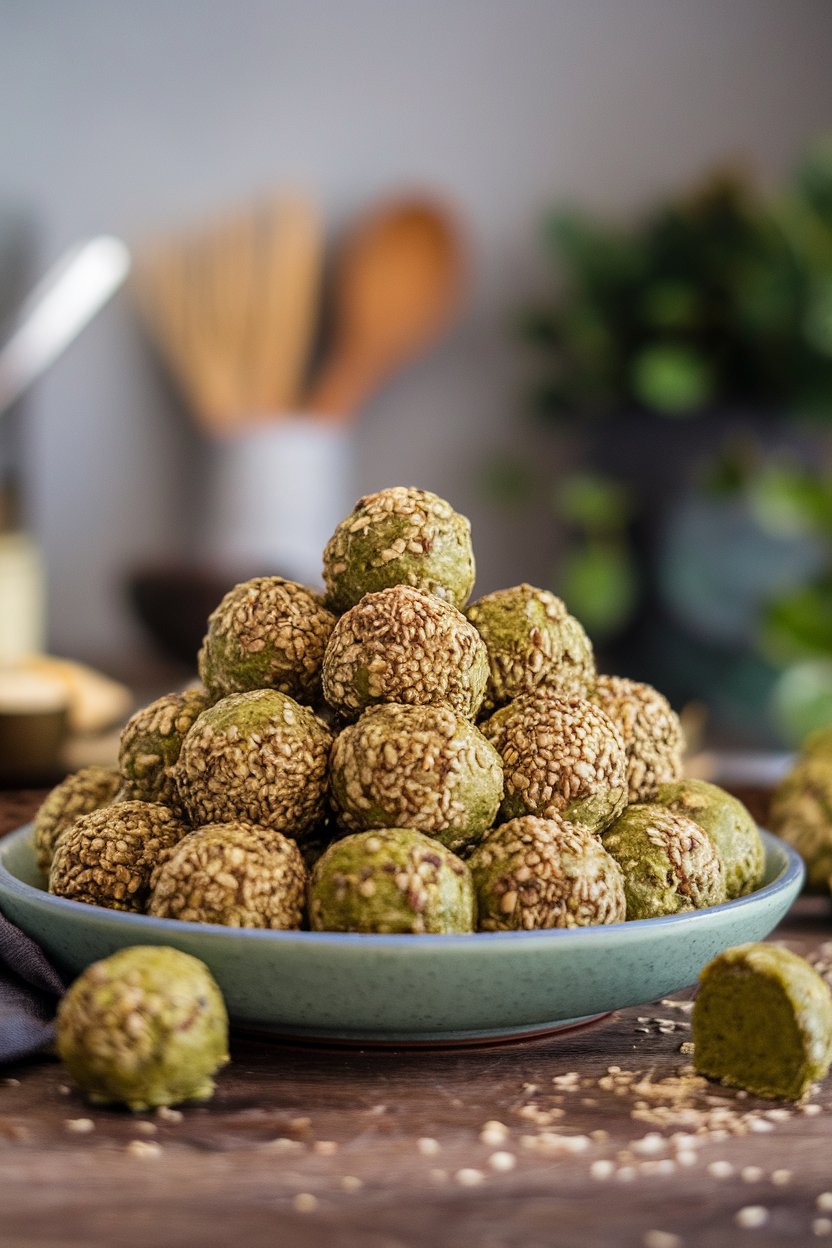 Photo of an indoor plate with green matcha protein balls rolled in hemp seeds, no text or logos.