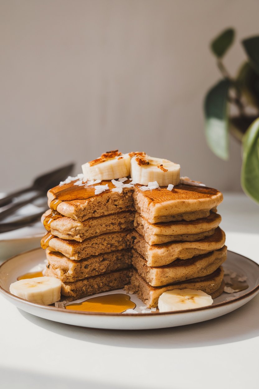 Indoor photo of fluffy brown pancakes with banana slices and toasted coconut on top; no logos.