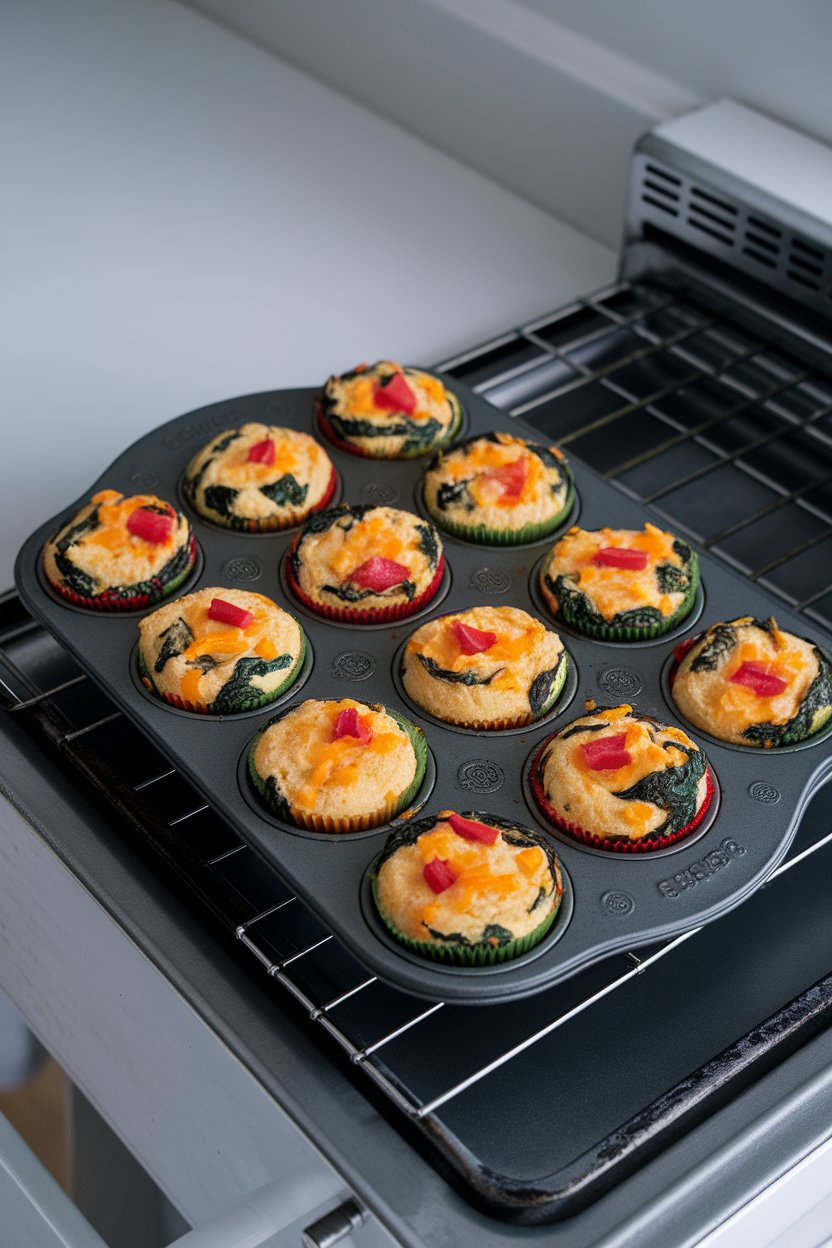An indoor oven-top counter featuring a muffin tin filled with colorful cooked egg muffins showing spinach, red bell pepper, and cheddar bits. No text or logos on cookware.