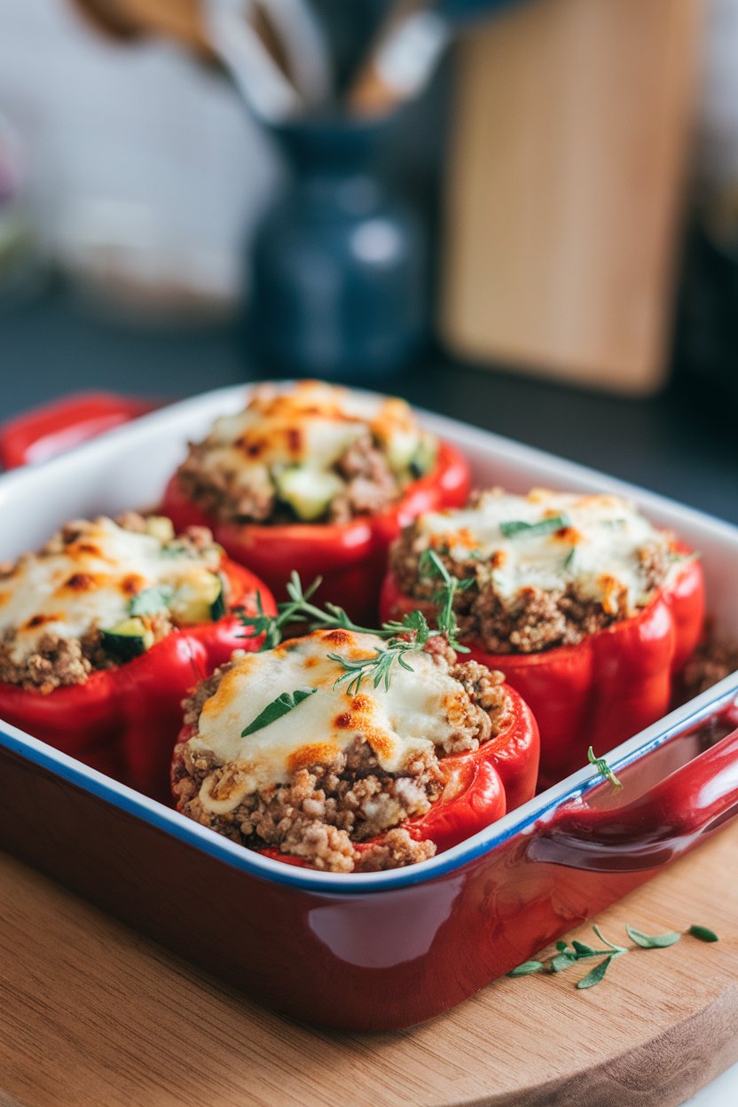 Indoor photo of red bell peppers stuffed with ground turkey, quinoa, and diced zucchini, baked in a ceramic dish, cheese lightly browned. No text or logos.