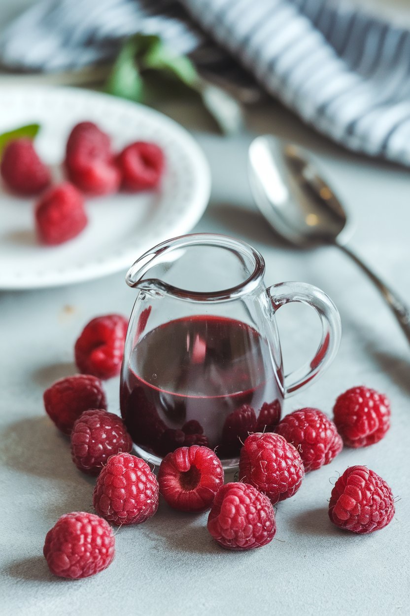 Indoor counter scene of a small pitcher filled with deep red raspberry balsamic vinaigrette, surrounded by plump raspberries. Photo, not illustration. No text or logos.