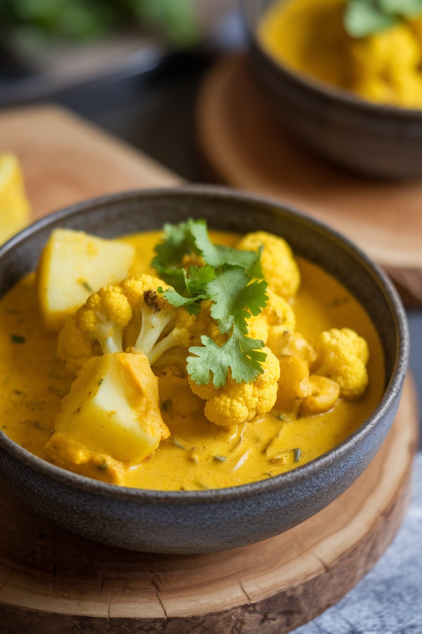 Indoor photo of a bowl of yellow curry with cauliflower florets and potato chunks, cilantro garnish, no text or logos