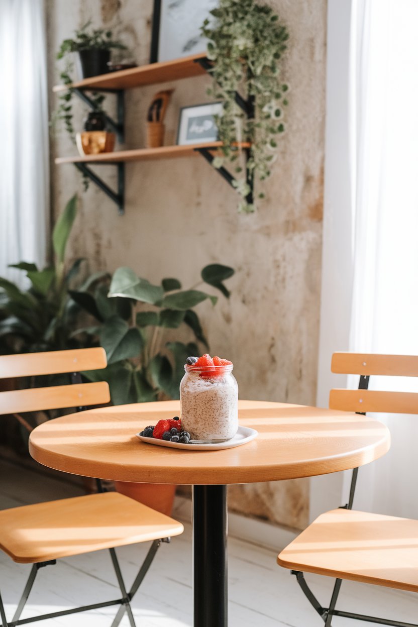 Photo of an indoor breakfast nook featuring a glass jar of overnight oats topped with fresh berries and chia seeds; bright morning light; no text or logos.