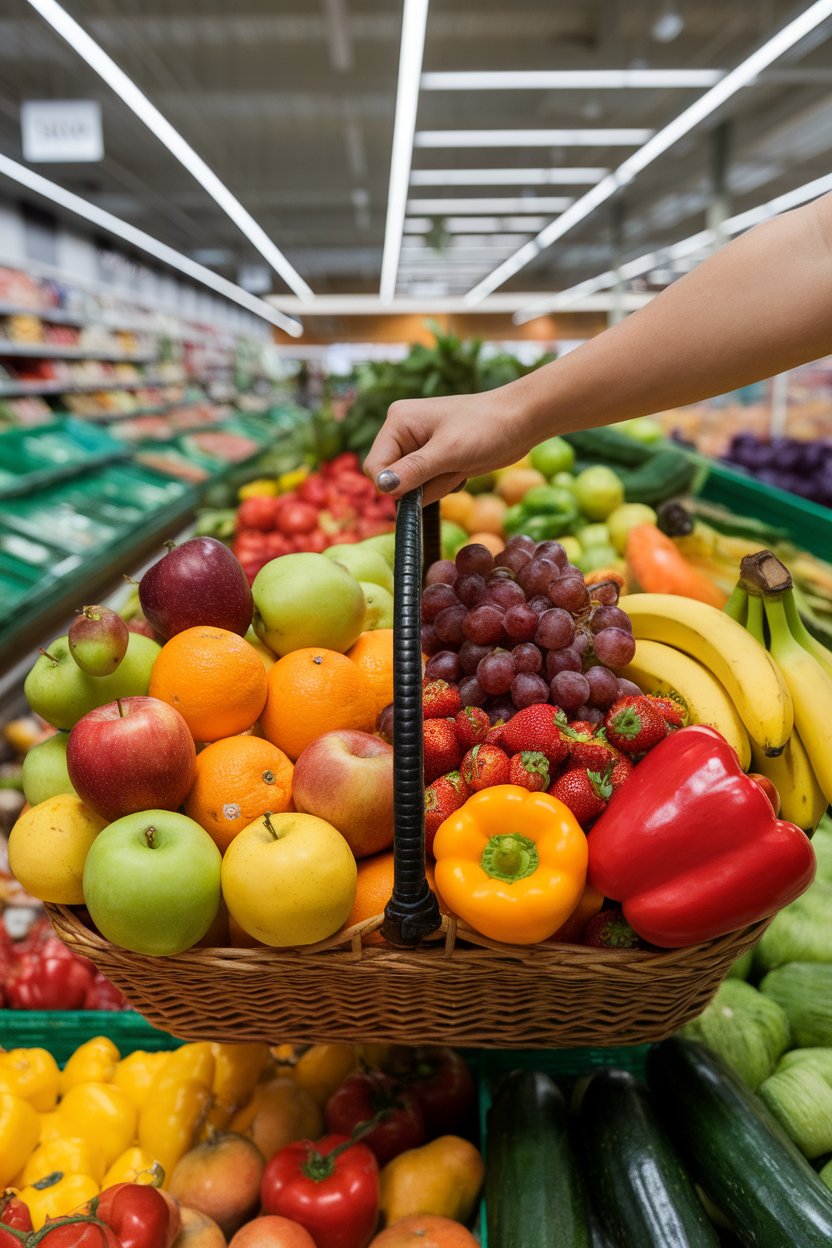 Hand holding a basket in a produce aisle, vibrant fruits and vegetables inside, no store logos visible.