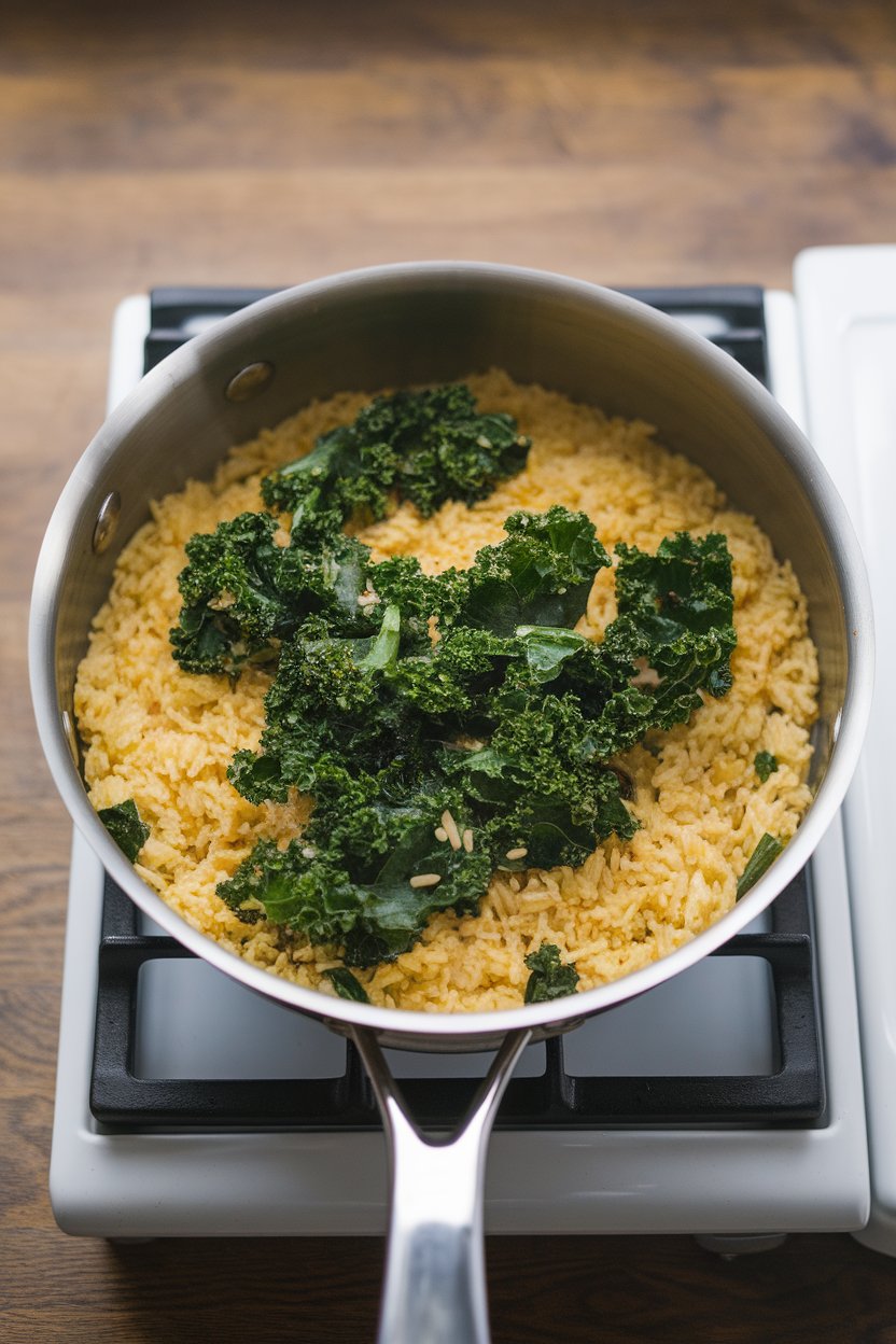 Indoor stovetop image of a saucepan containing yellow coconut rice flecked with sautéed kale. No text or logos visible.