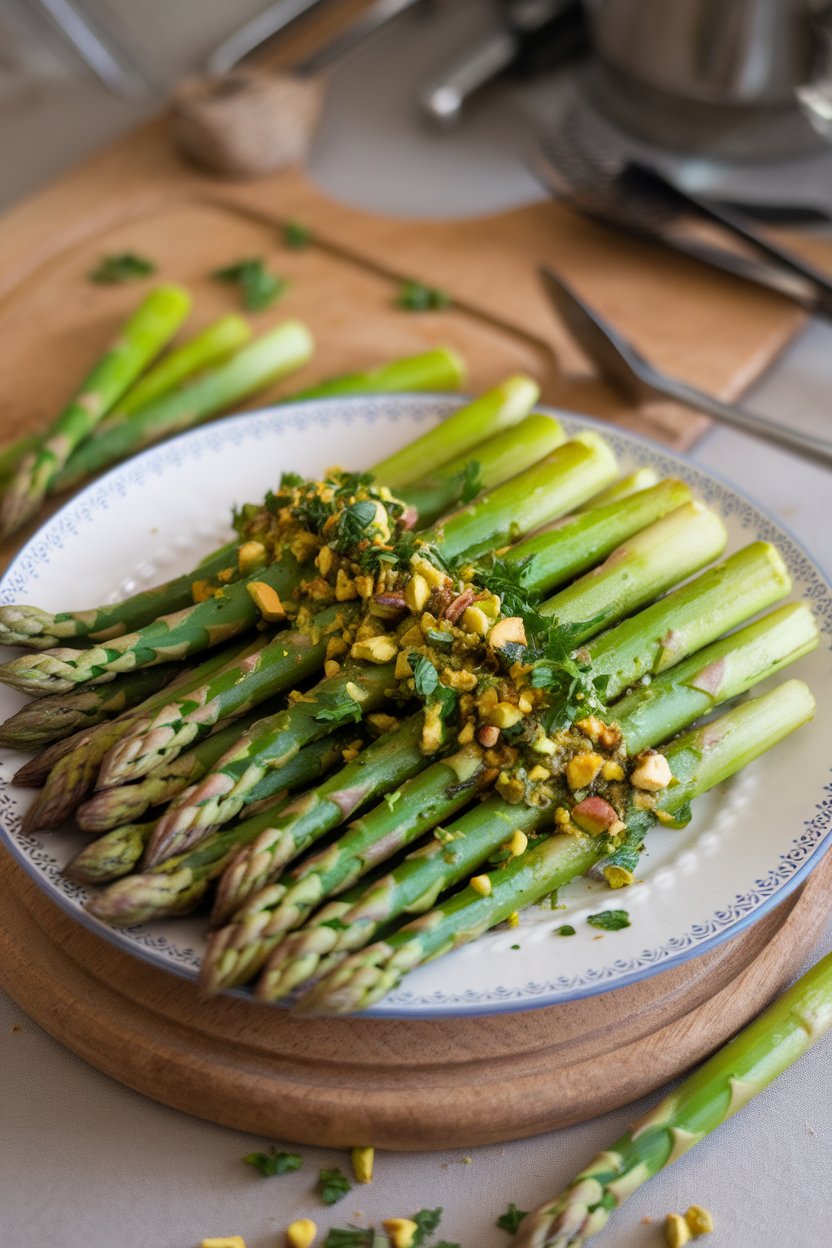 Indoor platter of bright green asparagus spears topped with finely chopped pistachio, parsley, and lemon zest gremolata. No text or logos.