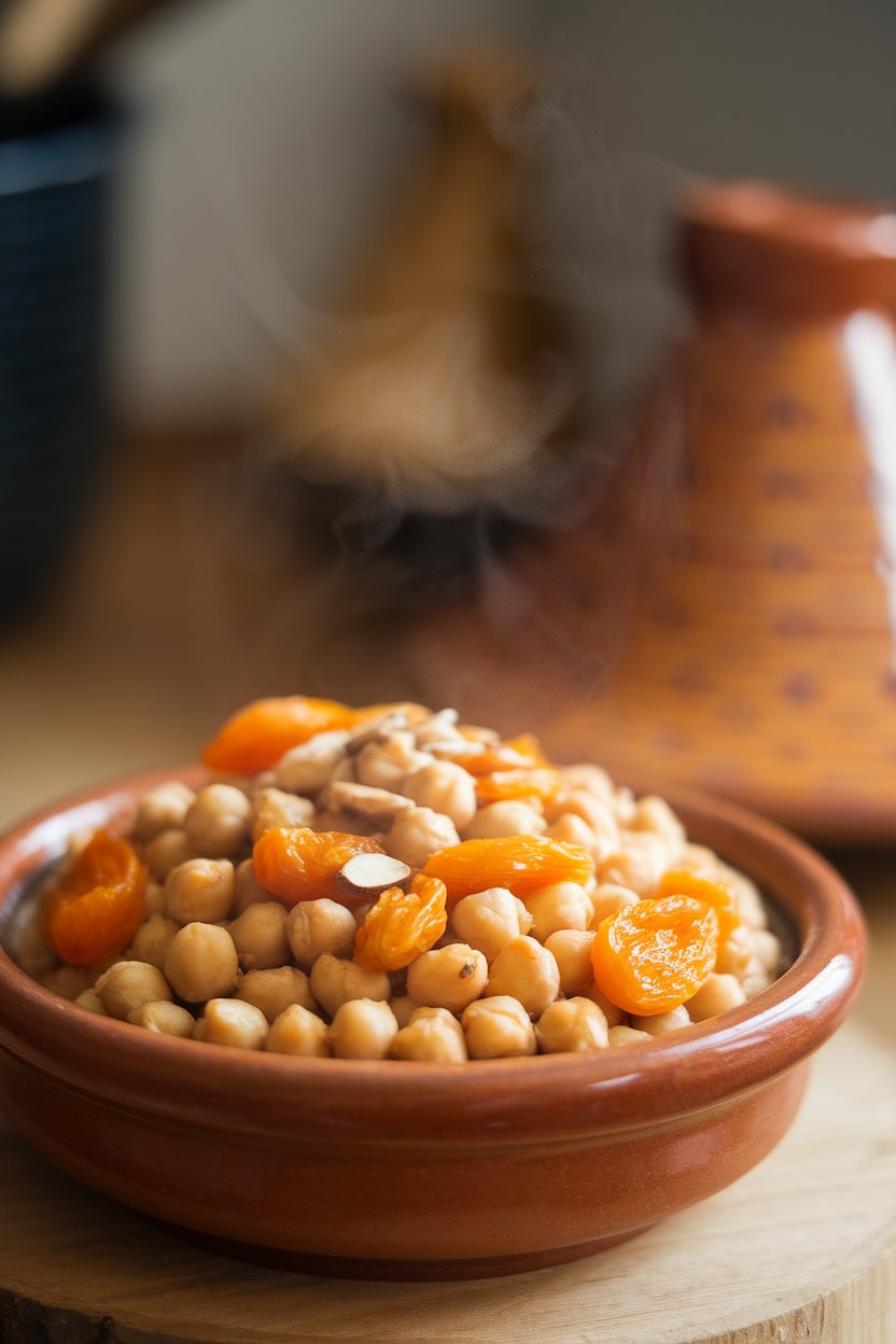 Indoor ceramic bowl of warm chickpea tagine studded with apricots and almonds, steam rising. No text or logos; photo.