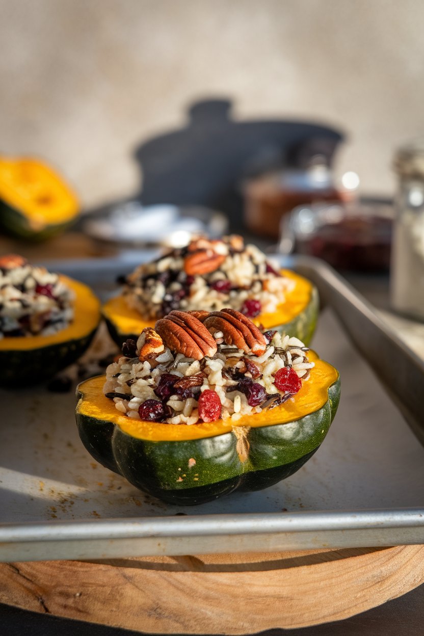 Indoor photo of halved acorn squash filled with colorful wild rice, cranberries, and chopped pecans, set on a baking sheet. No text or logos.