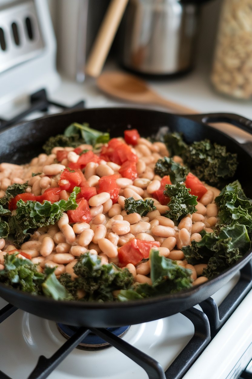 Cast-iron skillet on indoor stove filled with creamy cannellini beans, wilted kale, and diced tomatoes. No text or logos.