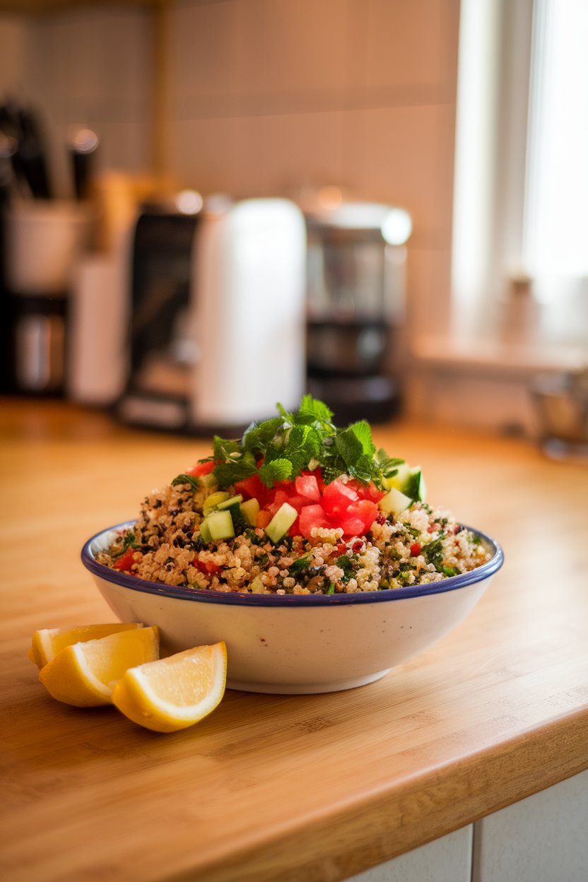 Photo prompt: An indoor kitchen island featuring a colorful bowl of quinoa, finely chopped parsley, mint, diced tomato, and cucumber with lemon wedges nearby. No text or logos present.