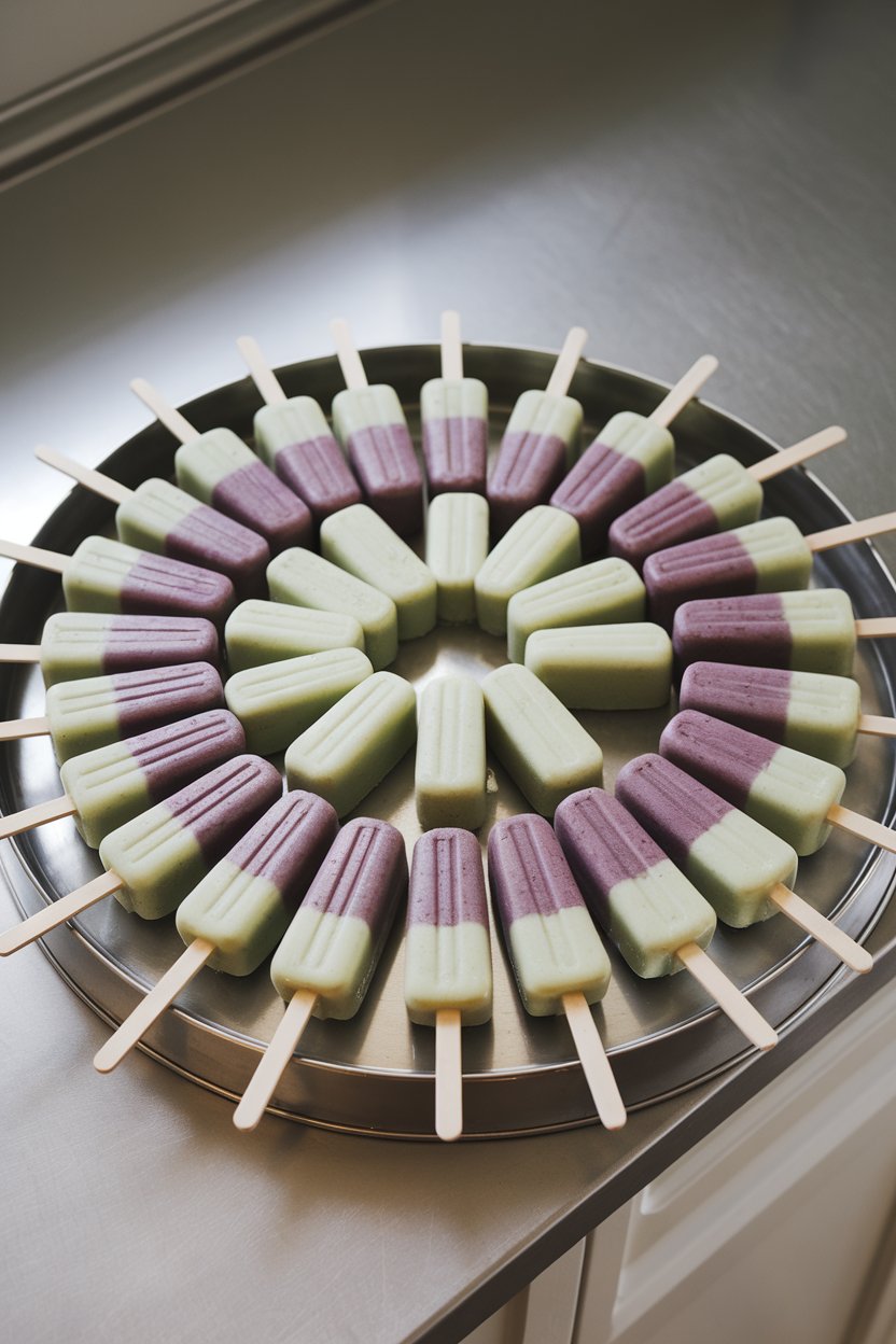 Indoor tray of frozen smoothie pops, purple-green in color, set on a countertop shortly after unmolding. No text or logos; photo.