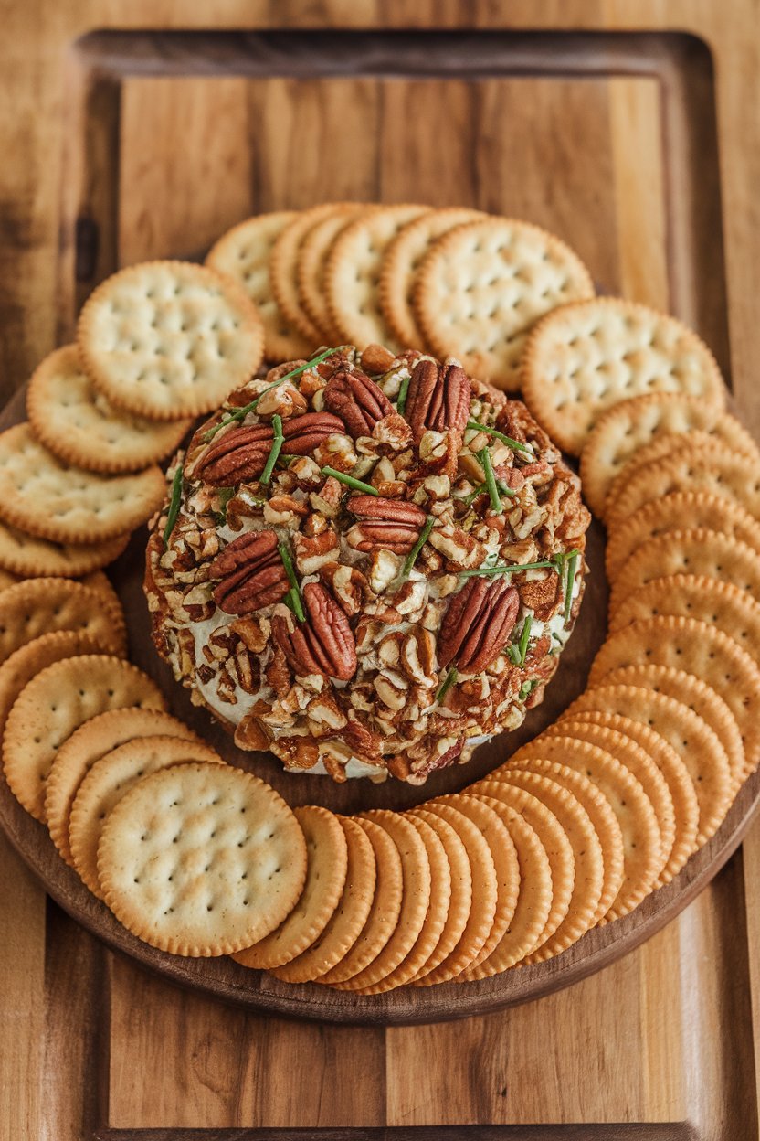 A round cheese ball coated in chopped pecans and chives on a wooden indoor board with assorted crackers. No text or logos. Photo.