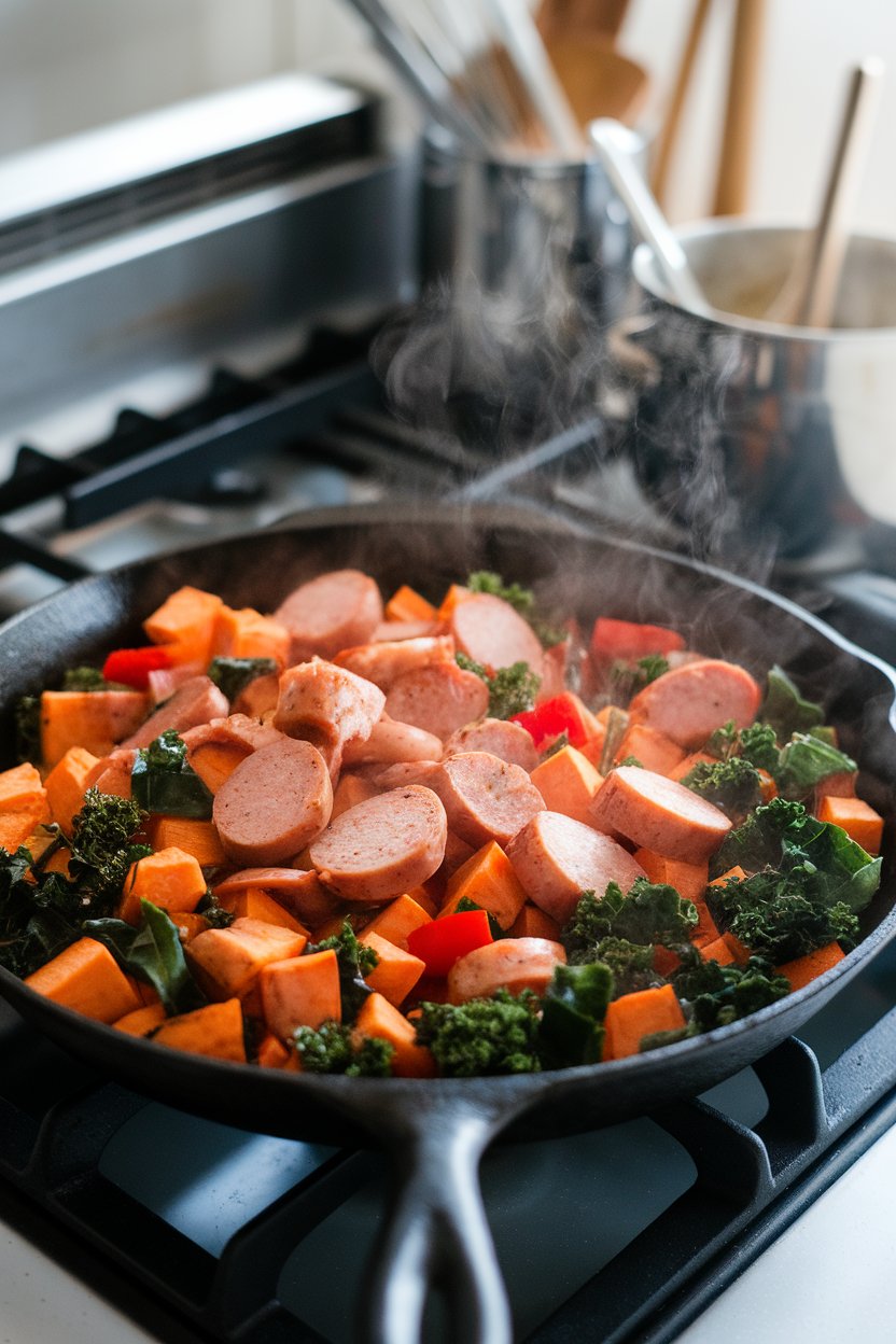 Cast-iron skillet on an indoor stovetop holding diced roasted sweet potatoes, sliced chicken sausage, kale, and red bell pepper, steam rising. Photo, no text or logos.