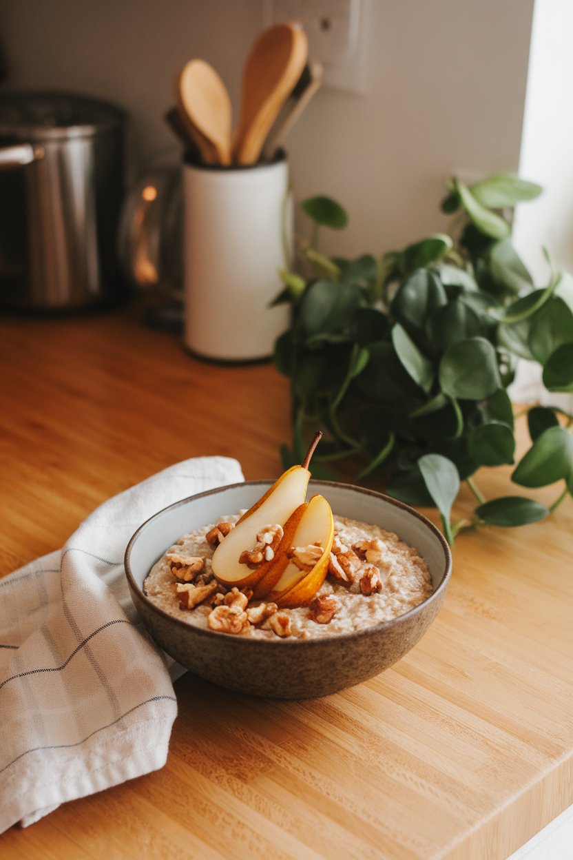 Photo of an indoor kitchen island holding a bowl of steel-cut oatmeal topped with cinnamon-roasted pears and chopped walnuts. Warm lighting, no text or logos anywhere.