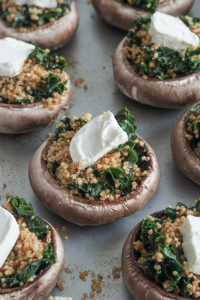An indoor oven rack with large portobello caps stuffed with quinoa, sautéed kale, and goat cheese, lightly browned; no text or logos; photo