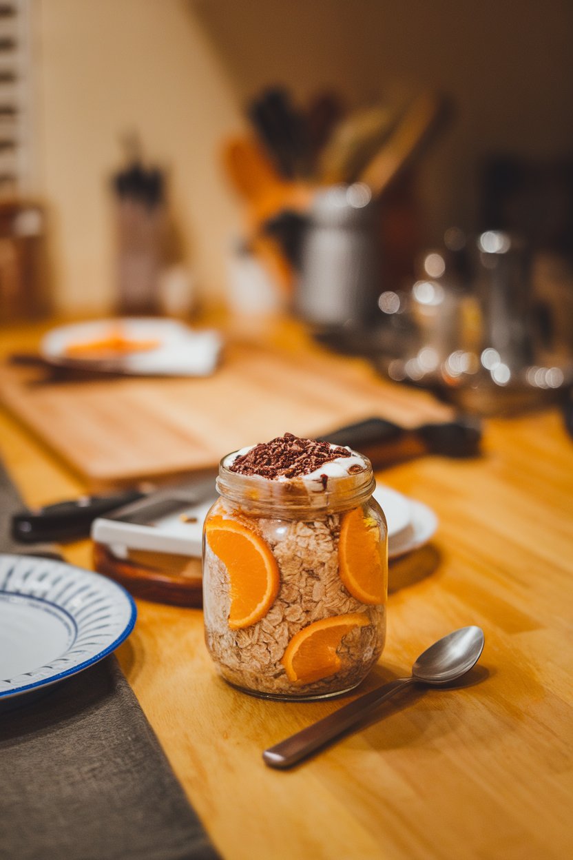 Warm indoor kitchen counter photo of a jar with chocolate oats, orange segments tucked along the sides, and a sprinkle of cacao nibs on top. No branding. Photo, not illustration.