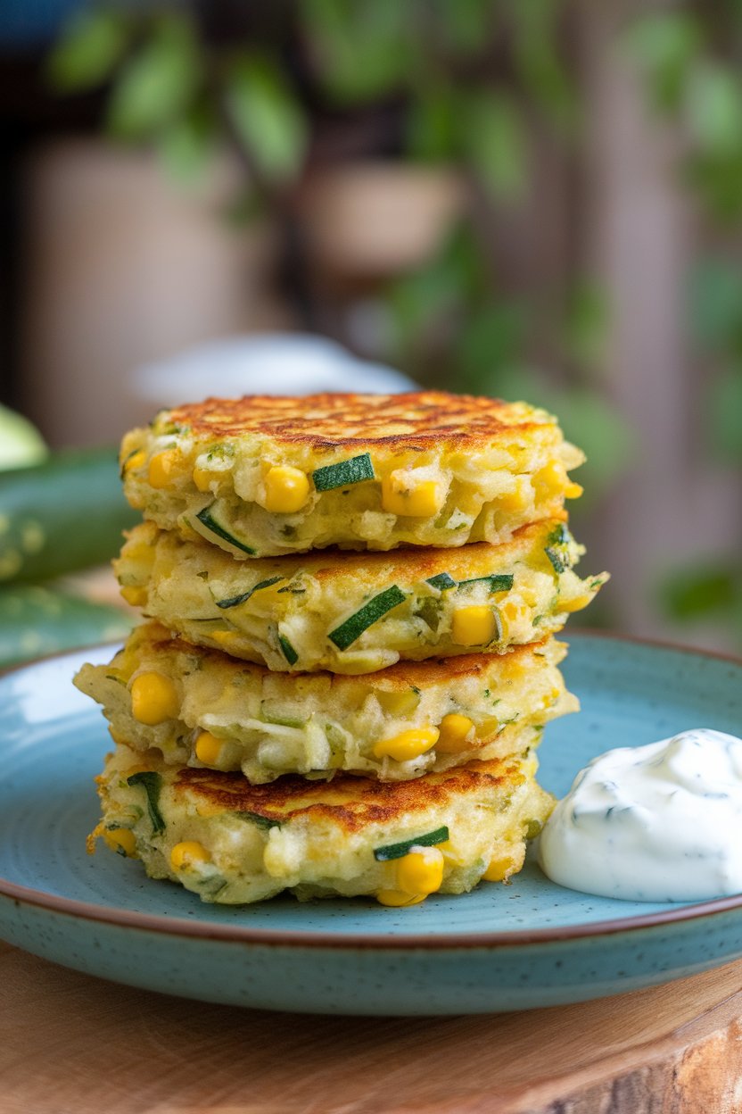 Indoor plate stacked with golden zucchini and corn fritters, dollop of yogurt dip on the side. No logos or text; photo.