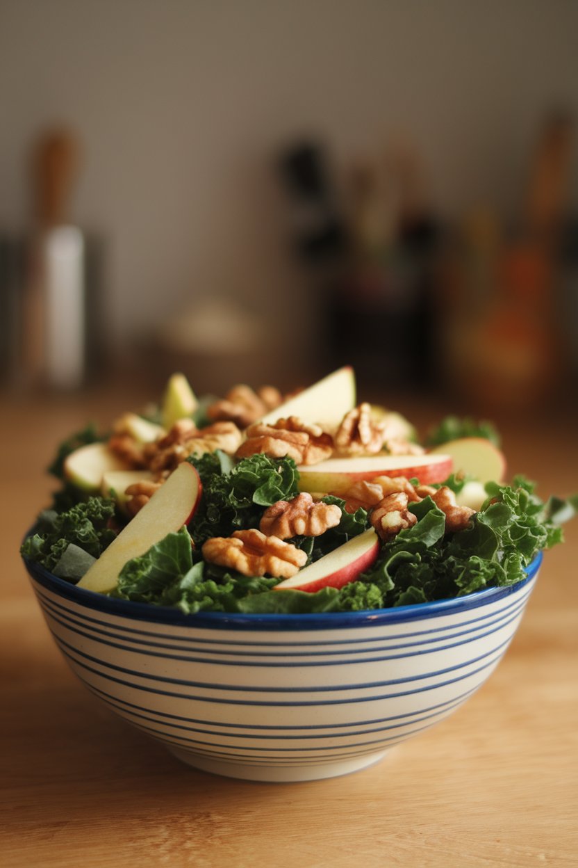 Indoor bowl of kale ribbons, apple matchsticks, and toasted walnuts tossed lightly. No branding or text visible.
