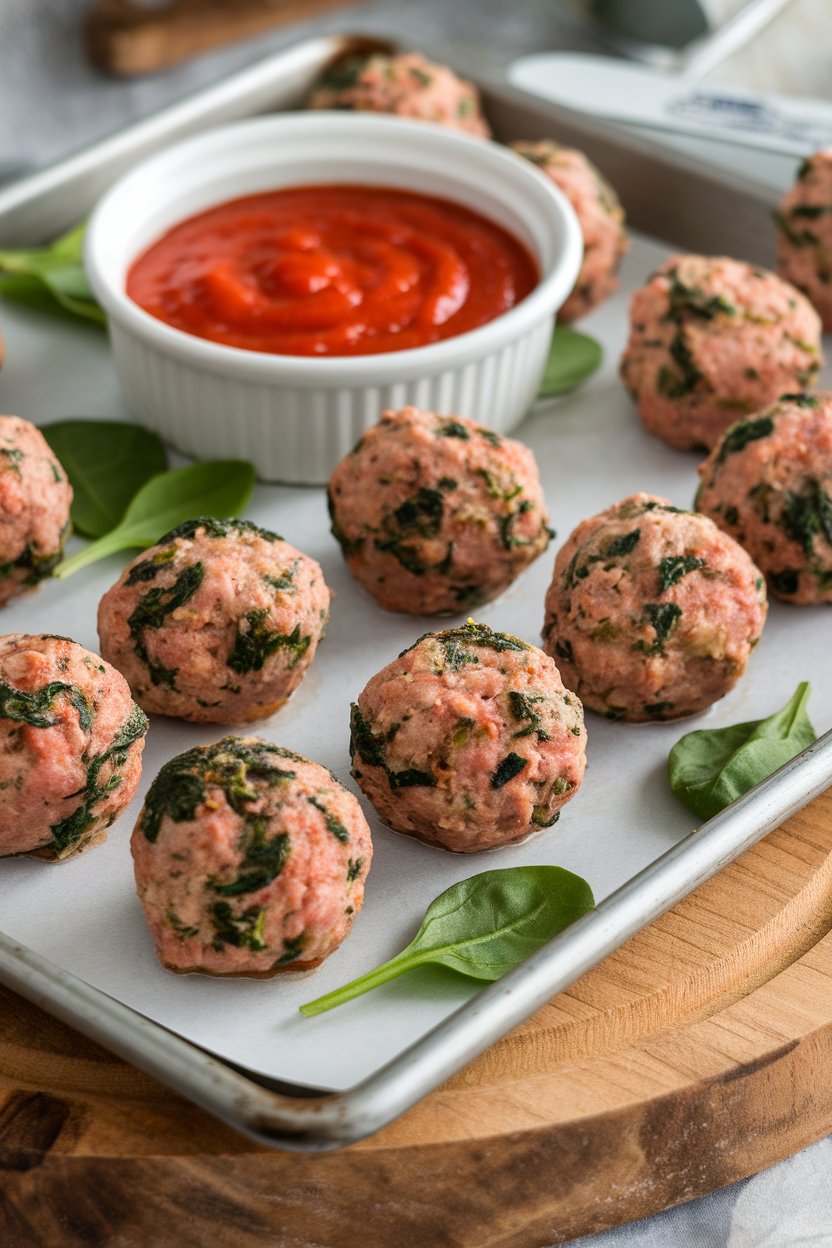 Photo of an indoor baking sheet holding cooked turkey meatballs speckled with spinach, served with a side bowl of marinara; no text or logos