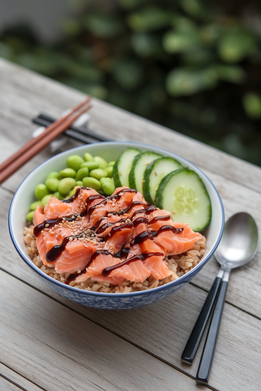 Indoor photo of a bowl featuring cooked flaked salmon, brown rice, cucumber slices, edamame, and a light soy drizzle, sprinkled with sesame seeds. No text or logos.