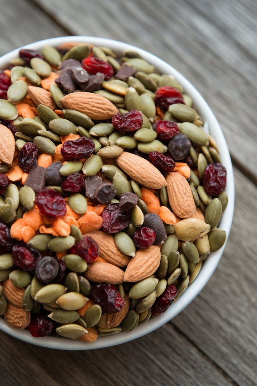Indoor bowl containing a colorful mix of raw almonds, pumpkin seeds, dried cranberries, and dark chocolate nibs. No text or logos; photo.
