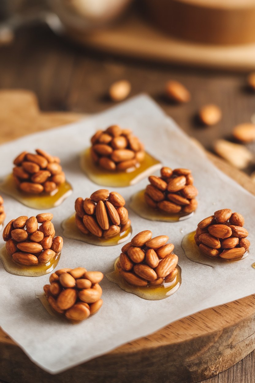 Indoor photo of small mounds of shiny honey-roasted almonds cooling on parchment paper. No text or logos.