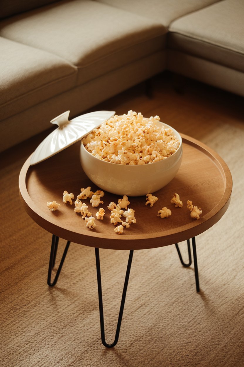 An indoor living-room coffee table with a large bowl of air-popped popcorn, no text or logos, photo only