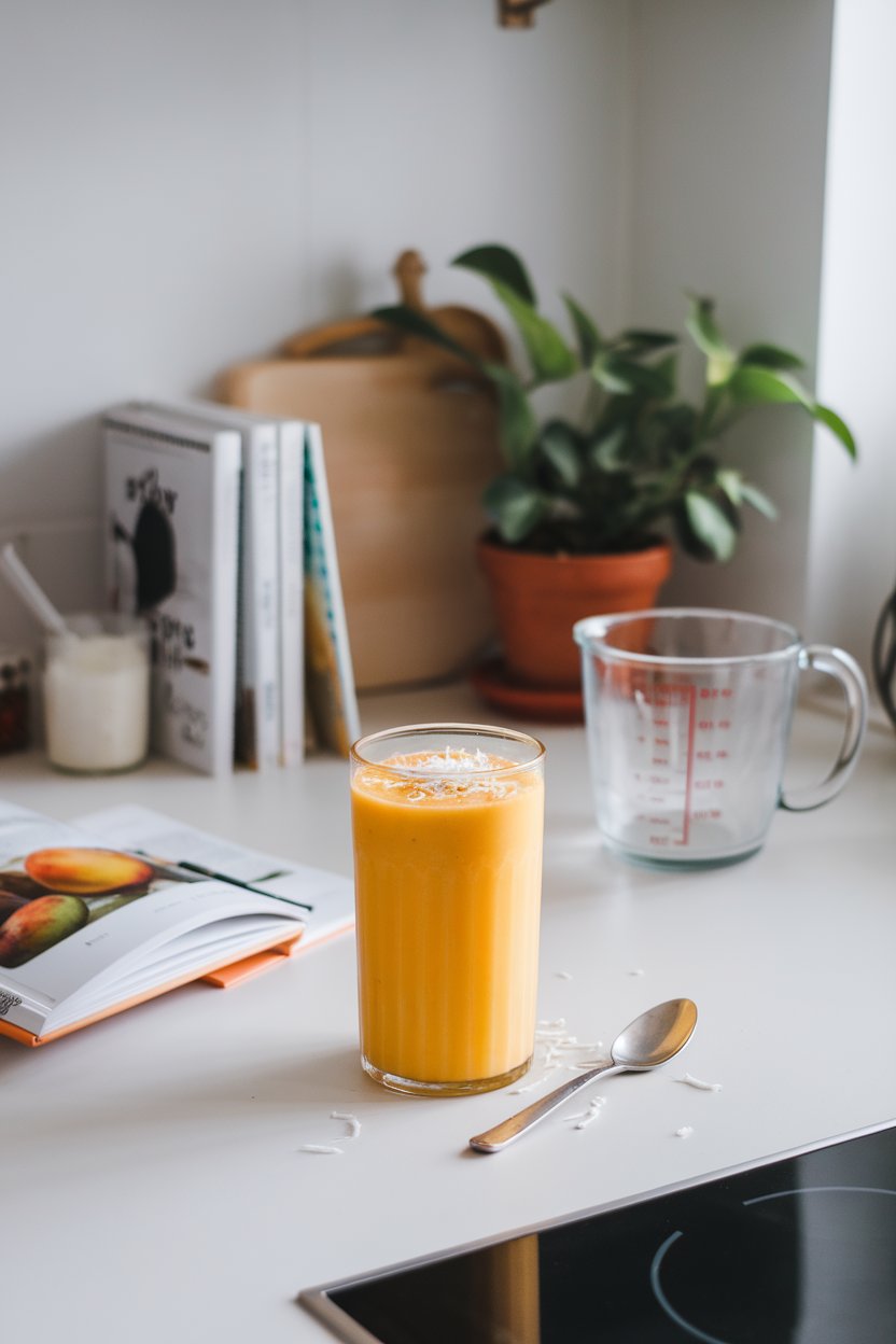 Indoor kitchen counter with a tall glass of bright orange mango smoothie topped with shredded coconut. Photo, no text or logos visible.