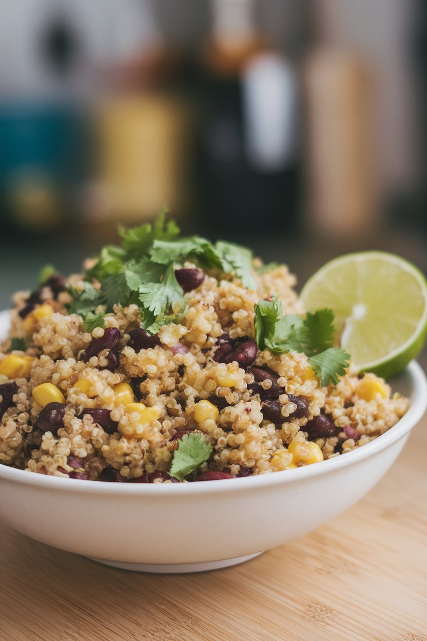 Indoor bowl showing fluffy quinoa mixed with black beans, corn, and plenty of cilantro; lime wedge on the side; photo, no text or logos.