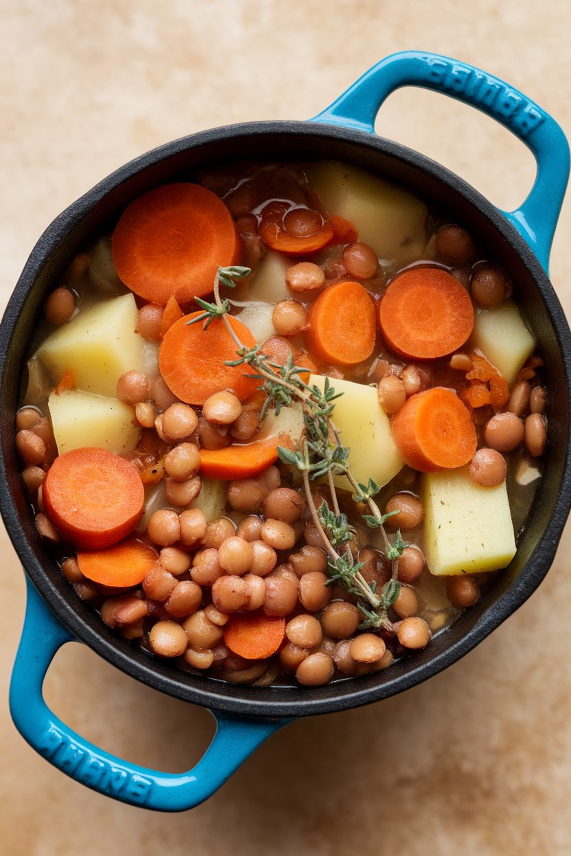 Indoor photo of chunky root veggie and lentil soup with thyme sprig garnish in cast-iron mini cocotte; no text or logos