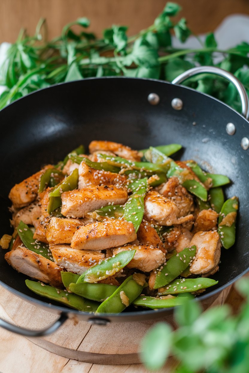 Indoor photo of a wok of chicken strips, snap peas, and sesame seeds glistening with lime sauce. No text or logos.