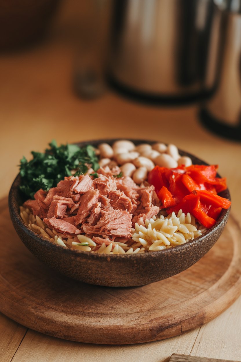 A warmly lit indoor table showing a rustic bowl of orzo, flaked canned tuna, cannellini beans, chopped parsley, and roasted red peppers; no text or logos.