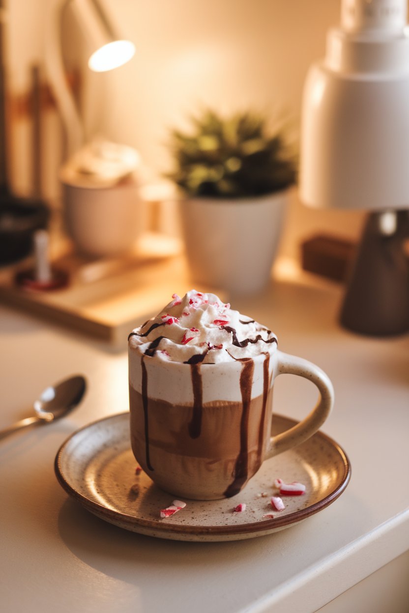 A warmly lit indoor countertop featuring a ceramic mug of peppermint mocha topped with whipped cream and crushed candy cane pieces, chocolate drizzle glistening on the foam. Steam rises gently in the background. No text or logos anywhere in the scene. Photo, not illustration.
