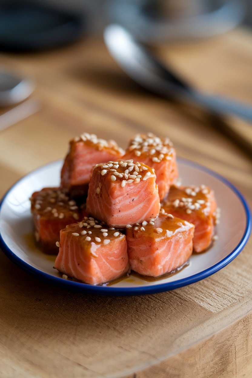 An indoor small plate with bite-sized cooked salmon cubes coated in shiny honey Dijon glaze, garnished with sesame seeds. No text or logos.