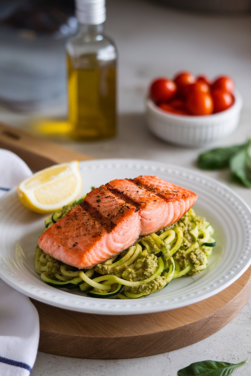 Indoor plate showcasing zucchini noodles coated in green pesto with a grilled salmon fillet on top, lemon wedge on the side. Photo, no text or logos.