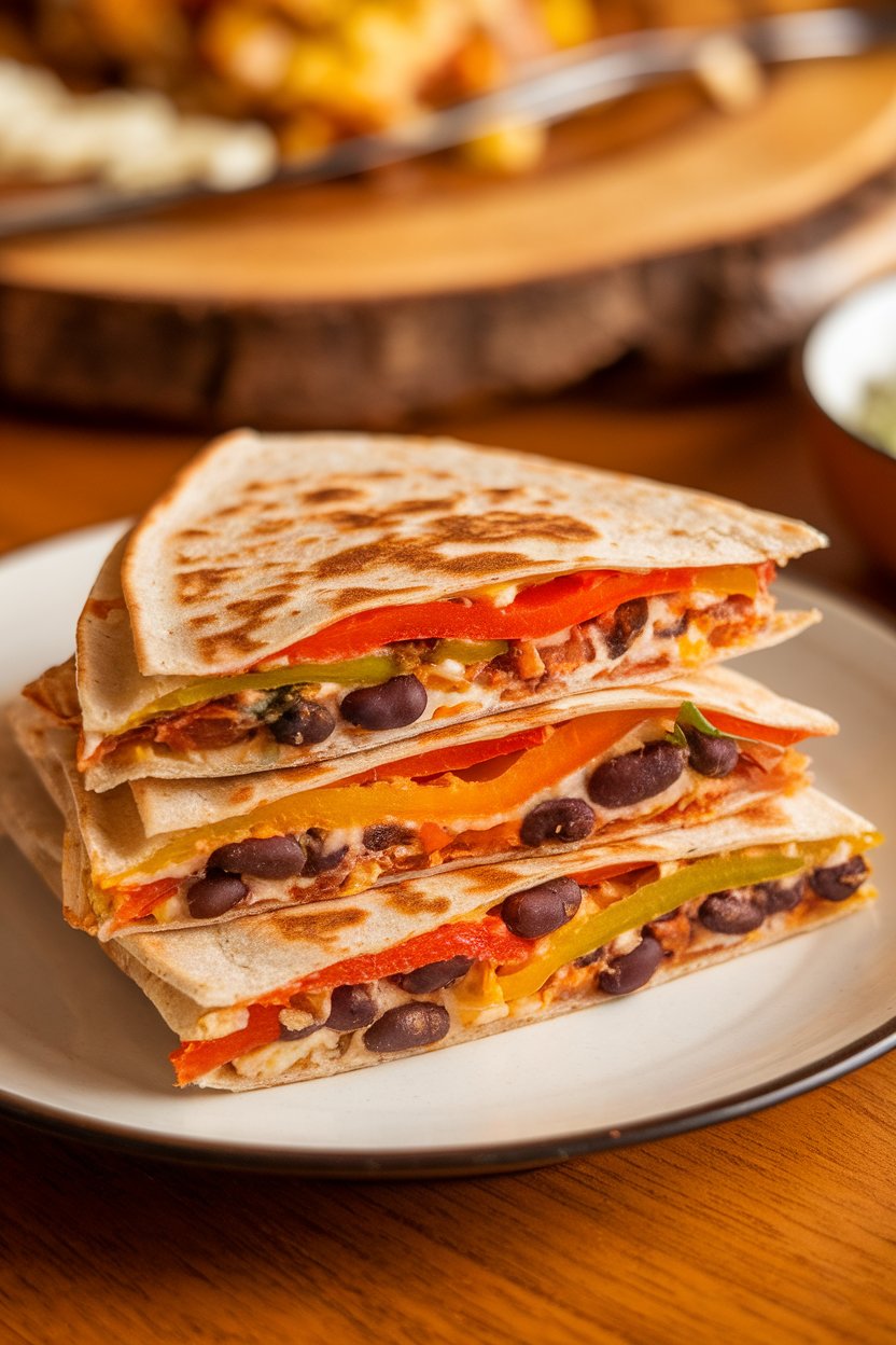 Photo of a sliced whole-wheat quesadilla showing layers of colorful bell peppers, black beans, and cheese indoors; no text or logos present.