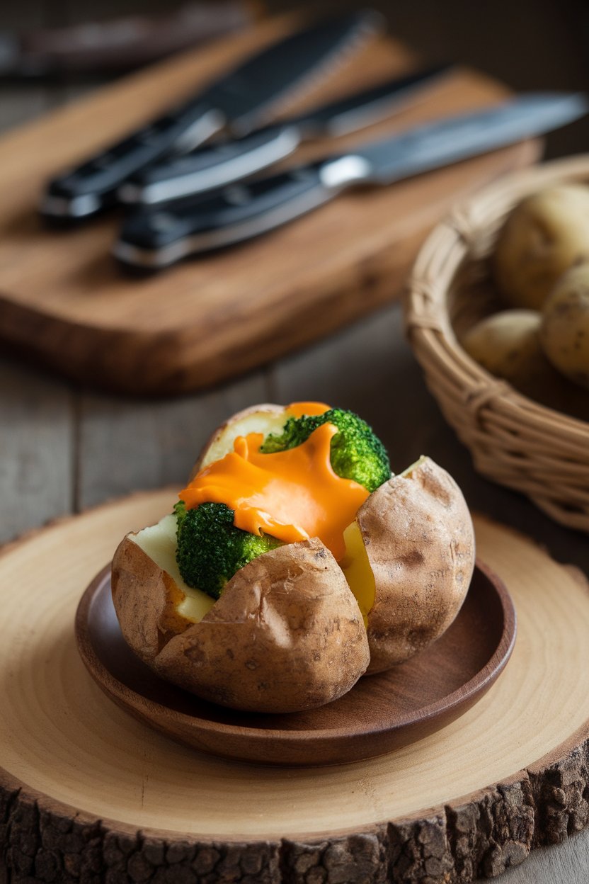 Indoor photo of a russet potato split open and filled with steamed broccoli florets and a modest amount of melted sharp cheddar, on a small plate. No logos or text.